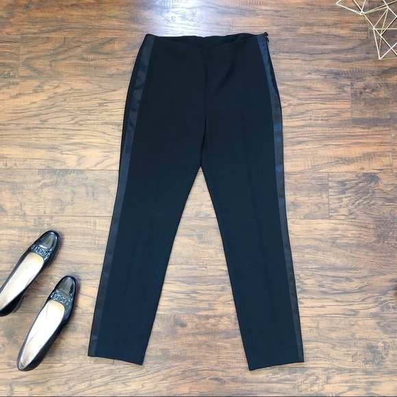 Akris • black wool pants silk tuxedo stripe high waist tapered leg slim